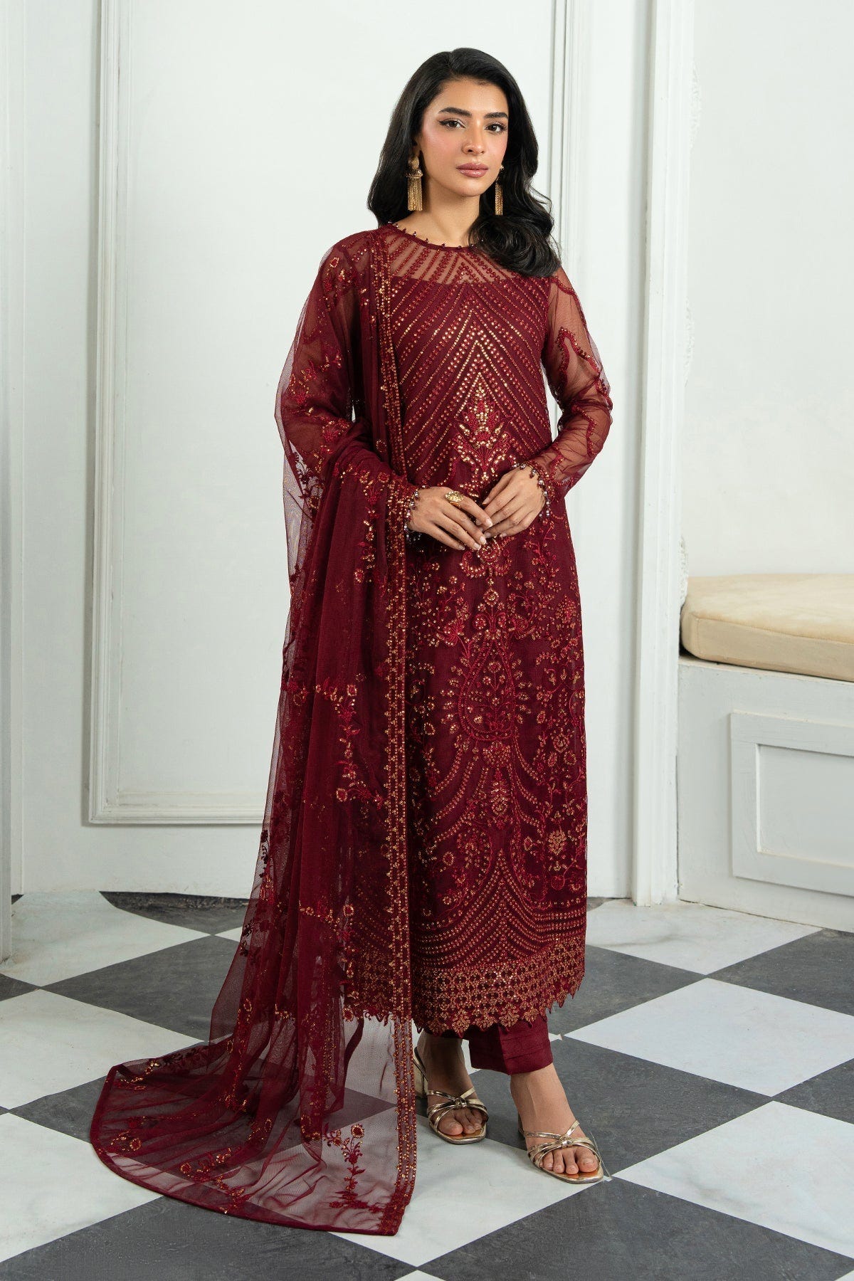 Zarif | Inara Formals | ZRI-08 EYMEN-Brand:Zarif-Type:Ladies Clothes-Maroon-Net-House of Maryam- Buy in UK, USA