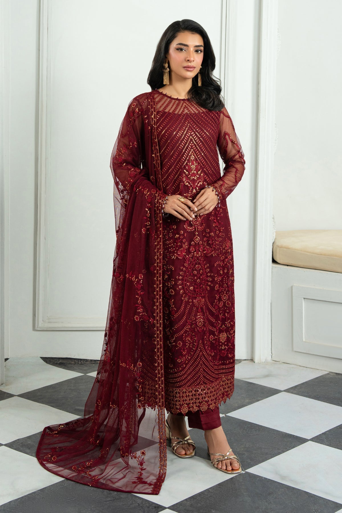 Zarif | Inara Formals | ZRI-08 EYMEN-Brand:Zarif-Type:Ladies Clothes-Maroon-Net-House of Maryam- Buy in UK, USA