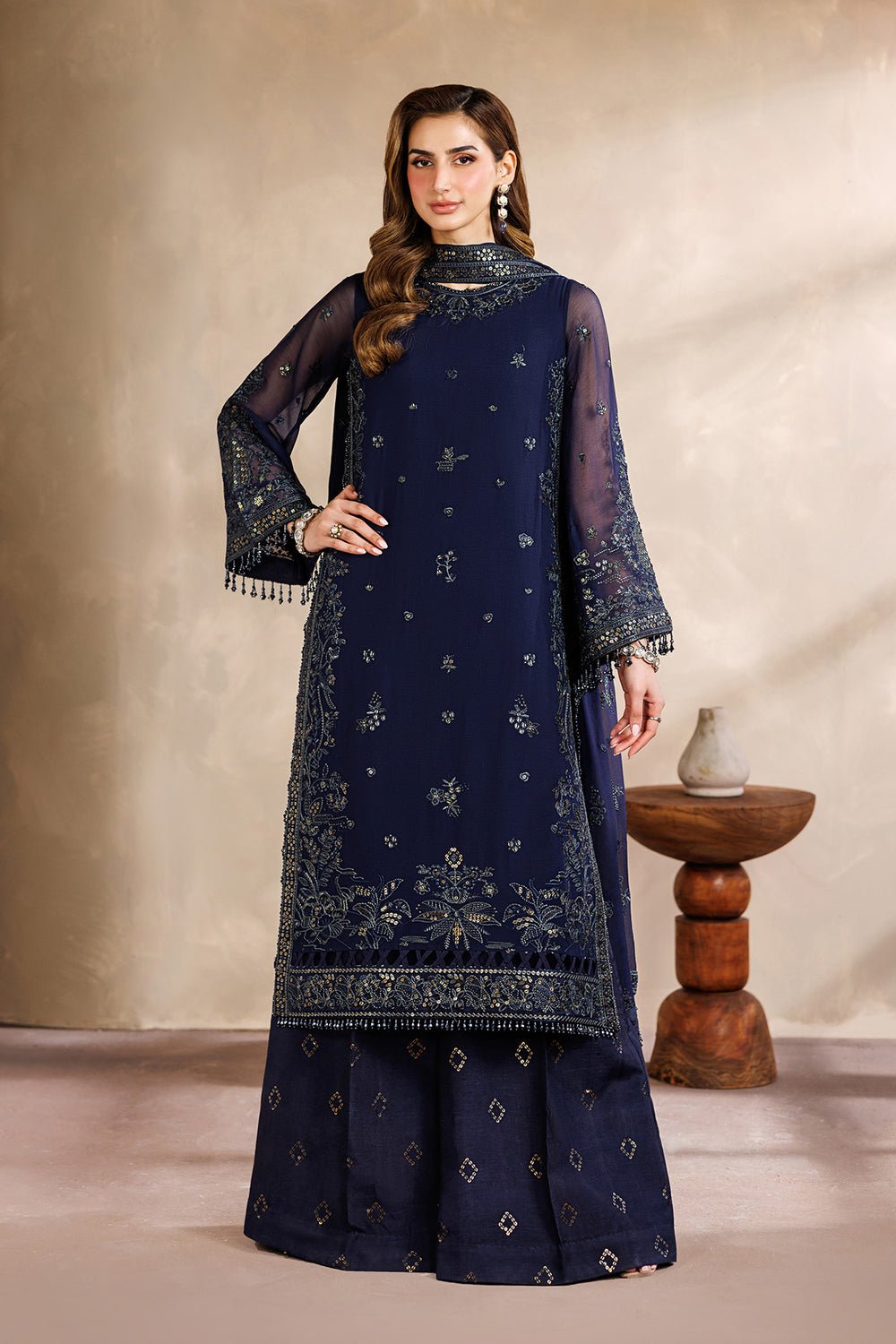 Zarif | Zayrah Formals | ZYR-AFSHAAN-07-Brand:Zarif-Type:Ladies Clothes-Dark Navy Blue-Chiffon-House of Maryam- Buy in UK, USA