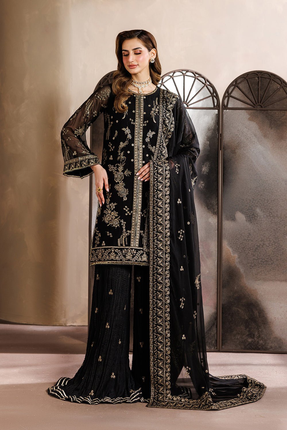 Zarif | Zayrah Formals | ZYR-SUMBUL-05-Brand:Zarif-Type:Ladies Clothes-Black-Chiffon-House of Maryam- Buy in UK, USA