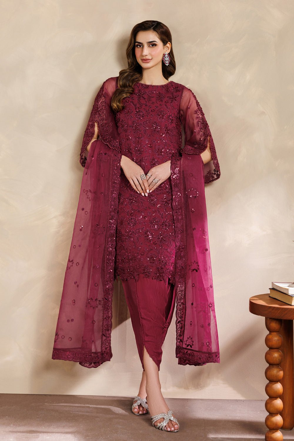 Zarif | Zayrah Formals | ZYR-SURKH-01-Brand:Zarif-Type:Ladies Clothes-Maroon-Organza-House of Maryam- Buy in UK, USA