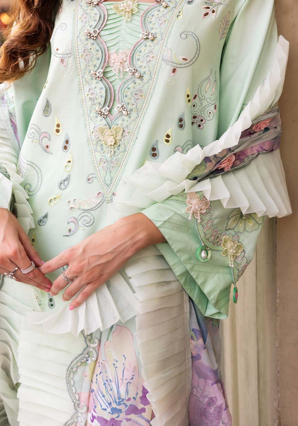 Zarqash | Luxury Lawn 25 | ZQLU 005 ELLIS-Brand:Zarqash-Type:Ladies Clothes-Mint Green-Lawn-House of Maryam- Buy in UK, USA